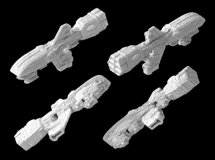 In the picture you see a frigate size space ship miniature for tabletop games called Assault Frigate MK 1 Types Mel Miniatures