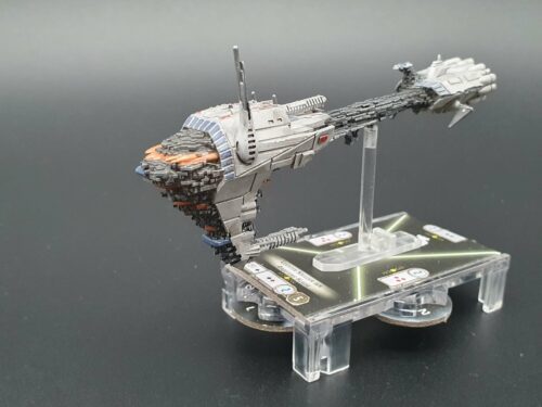 the picture shows a Fan made ship called Nebulon-A2 Frigate Mel Miniatures . It is a hospital ship with big bulky front a small long neck what end in a big engine block with a bride on top.