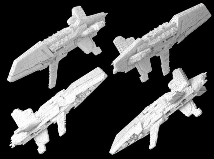 In the picture you see a battleship size space ship miniature for tabletop games called Modified Kandosii Dreadnaught Mel Miniatures