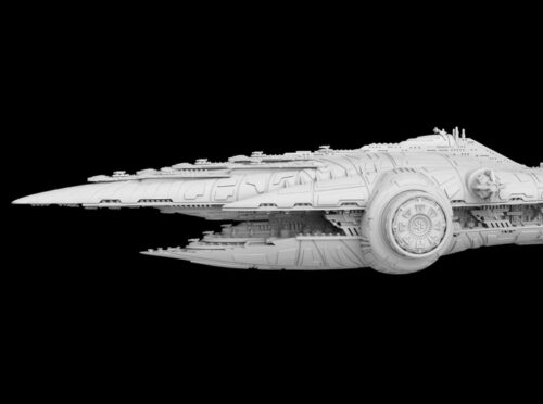In the picture you see a dreadnought size space ship miniature for tabletop games called Subjugator-class heavy cruiser Mel Miniatures