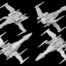 the picture shows a space ship in the size of a starfighter. The starfighter has x wings which are placed in the back of the ship. the cockpit sits in the long and thin nose of the starfighter. the ship is called T-85-New Republic-X-Wing Mel-Miniatures Squadron-Games