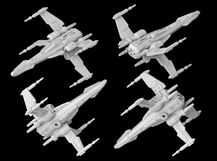 the picture shows a space ship in the size of a starfighter. The starfighter has x wings which are placed in the back of the ship. the cockpit sits in the long and thin nose of the starfighter. the ship is called T-85-New Republic-X-Wing Mel-Miniatures Squadron-Games