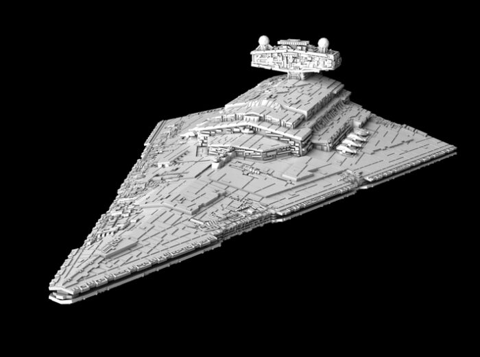 In the picture you see a battleship size space ship miniature for tabletop games called Modified ISD Chimaera Mel Miniatures