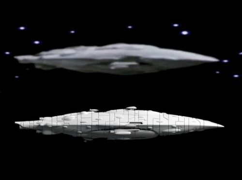 the picture shows a ship in a kinda cigar like shpe and its called MC87 Light Carrier Mel Miniatures