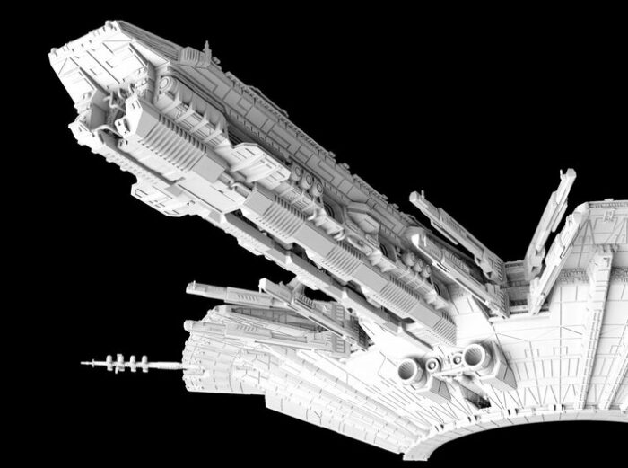 In the picture you see a space shipyard in the form of a rinfg. The ring has 3 arms and 6 docking bays for ISDs. Its called Fondor Shipyard Ringstation Big Version Mel Miniatures