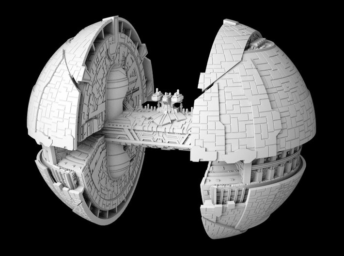 In the picture you see a ship in the shape of two half balls with a conection between the balls. it is called Separatist Supply Ship Mel Miniatures