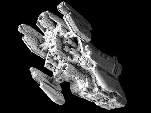 the ship in the pictures has the shape of a Iron with 4 turbines on the sides. the ship is called Bulwark Mark III Battlecruiser Mel Miniatures.