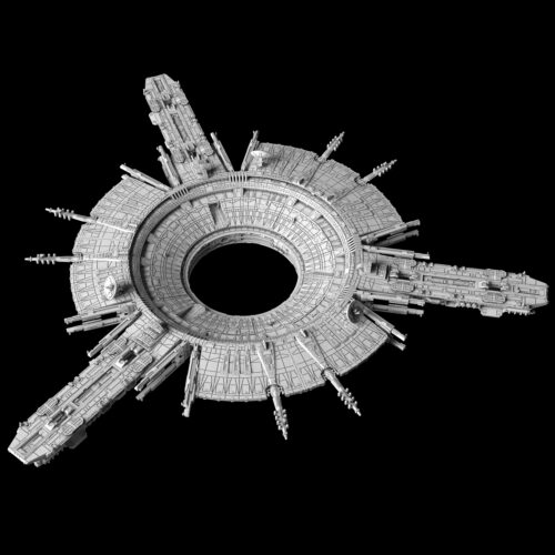 In the picture you see a space shipyard in the form of a rinfg. The ring has 3 arms and 6 docking bays for ISDs. Its called Fondor Shipyard Ringstation Small Version Mel Miniatures