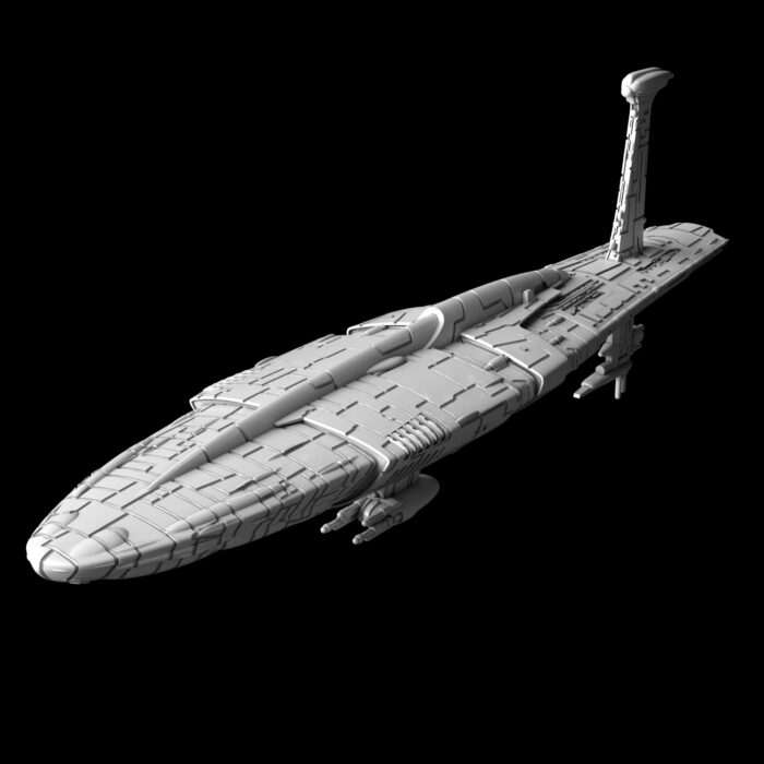 In the picture you se the ship called MC75C Star Cruiser Mel Miniatures. It has a kinda cigar shape and is a flagship of the Rebels