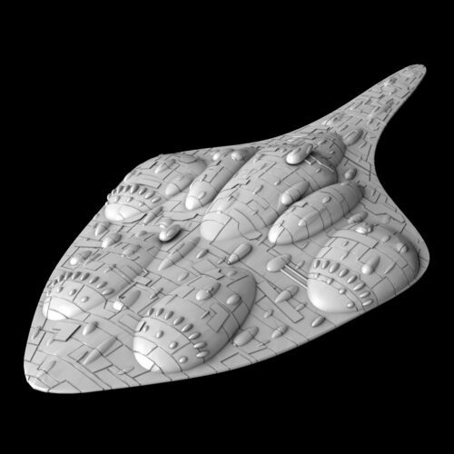 The picture shows a ship in the shape of a ray and its called MC80-B Mon Remonda Mel Miniatures.