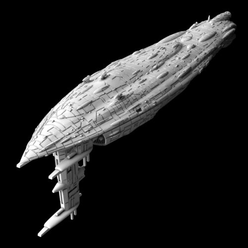 In the picture you se the ship called MC85A Star Cruiser Mel Miniatures. It has a kinda cigar shape and is a flagship of the Rebels