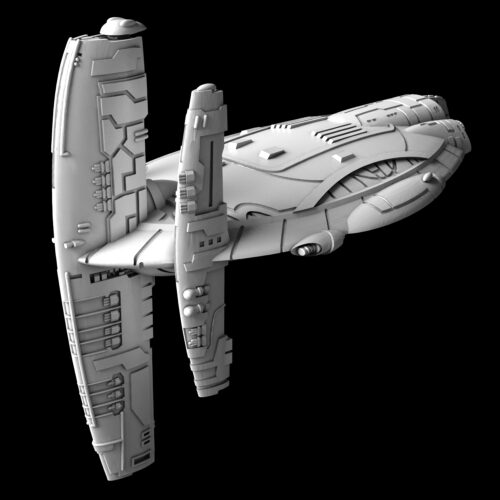 In the picture you se the ship called Tri-Scythe Frigate Mel Miniatures . It has a ray like shape and is a flagship of the Rebels
