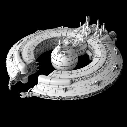 In the picture you see a ship called Lucrehulk-Droid-Control-Ship Mel Miniatures . It has a round shape and a ball in the middel of it.
